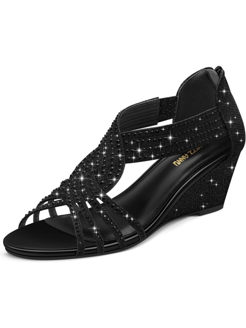 Women's Black Glitter Rhinestone Sparkle Low Wedge Sandals Open Toe Dress Shoes